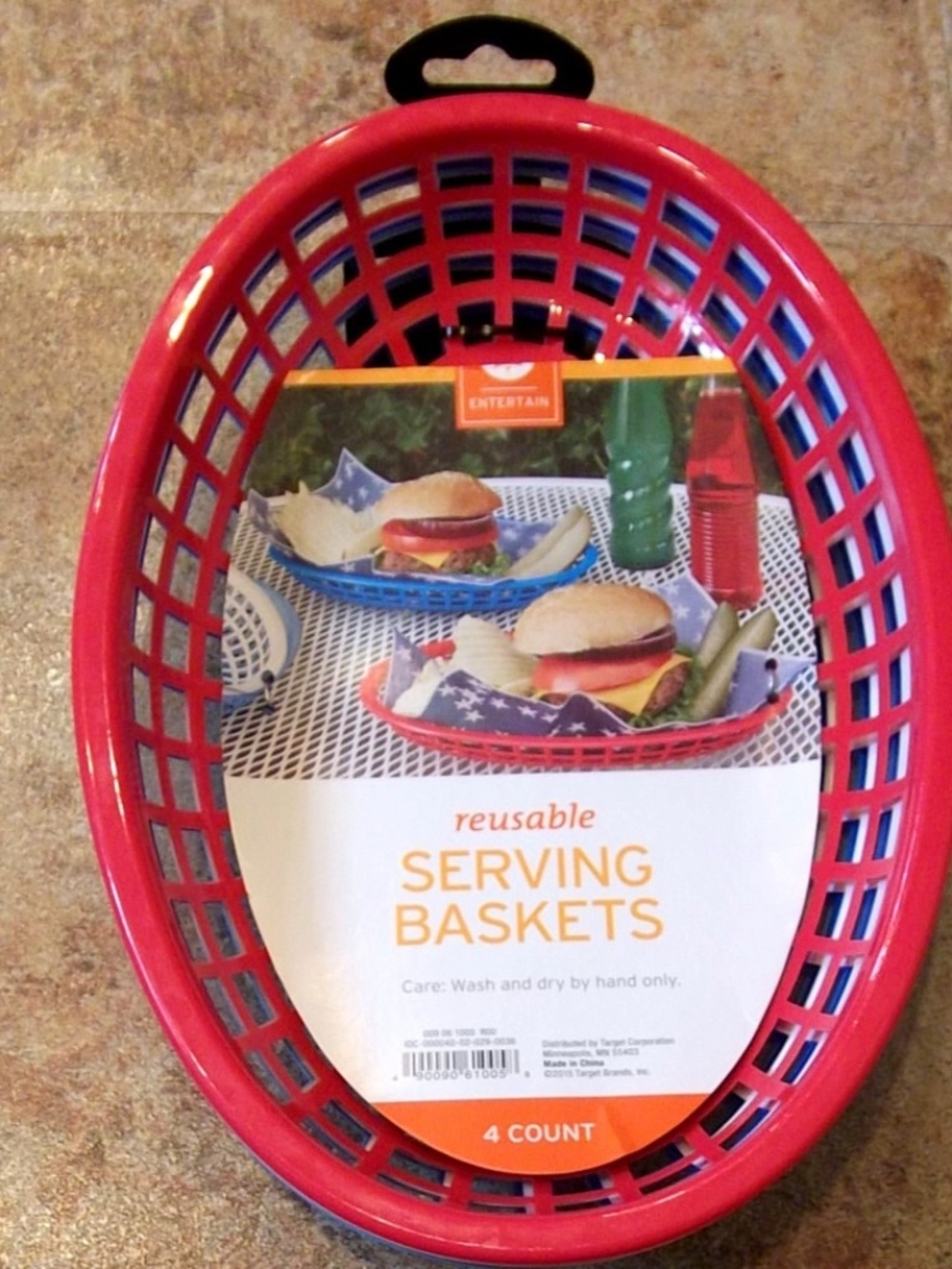 4 Piece Burger Basket Set Red White Blue Oval Picnic NEW Serving Mesh Plates